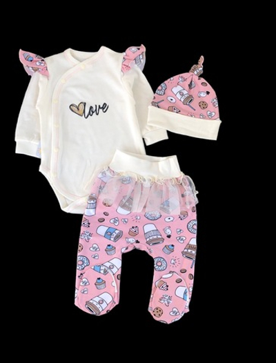 Комплект 3в1: боді з довгим рукавом, повзунки, шапочка "Принт", інтерлок ТМ "Happy ToT"