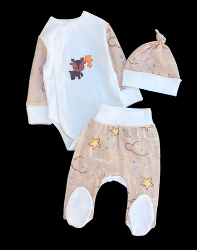 Комплект 3в1: боді з довгим рукавом, повзунки, шапочка "Принт", інтерлок ТМ "Happy ToT" (56 см)