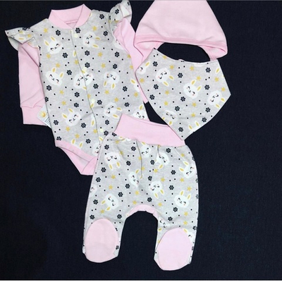 Комплект 4в1: боді з довгим рукавом, повзунки, шапочка, слюнявчик, футер ТМ "Happy TOT"