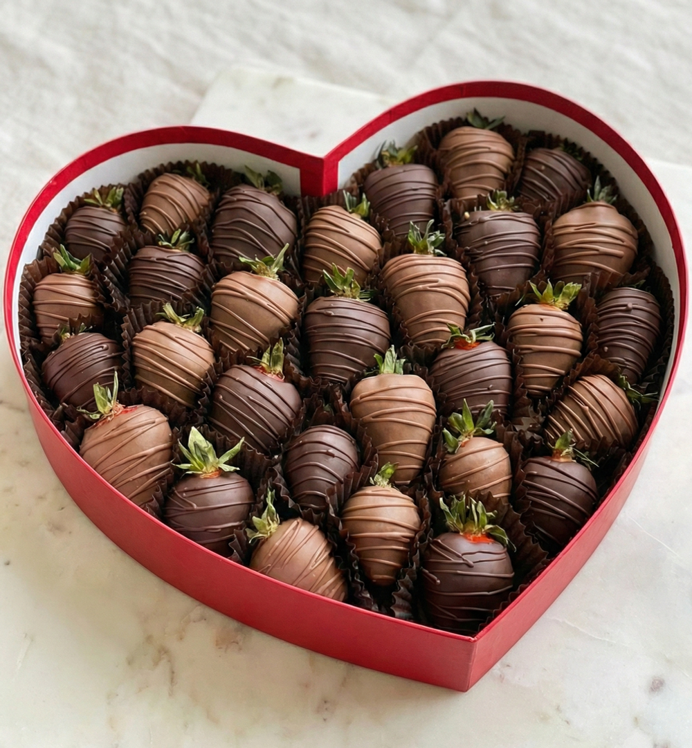 Полуниця у чорному та молочному шоколаді у коробці серце