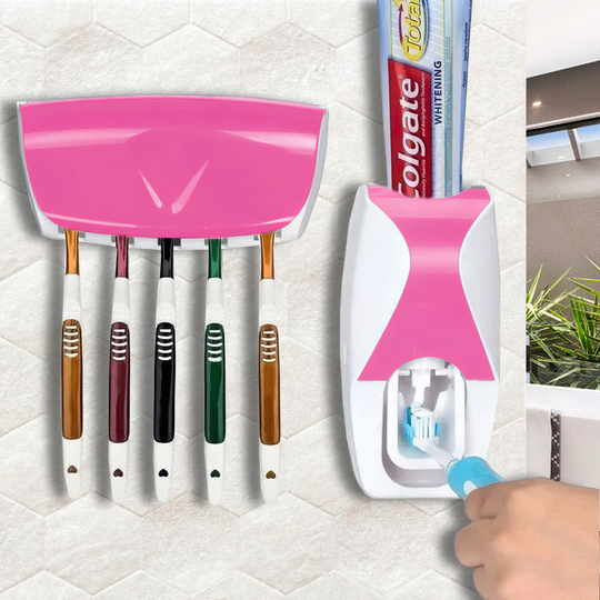 Автоматический дозатор зубной пасты + держатель для щеток розовый/205