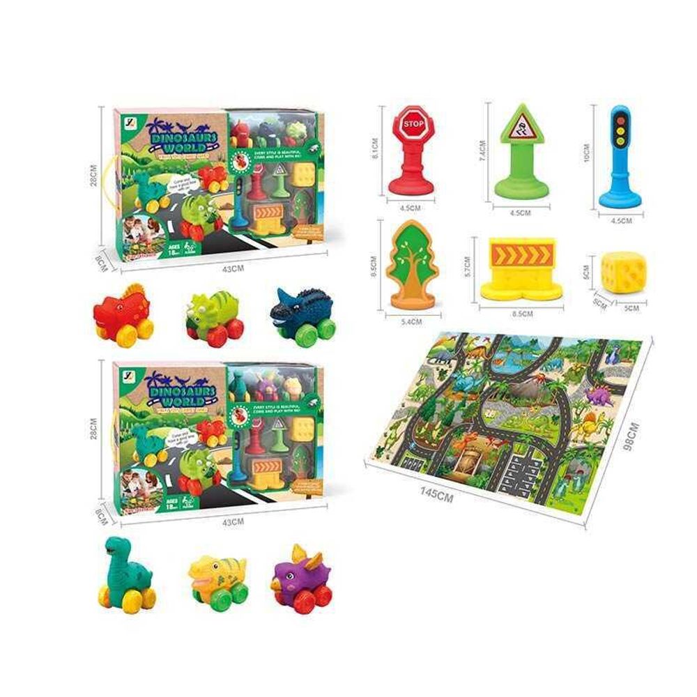 Набор игрушечных машин JZD - 108 (12) 2 вида, динозавры, игровой коврик 145х98 см, 3 машинки, декорации,  в коробке
