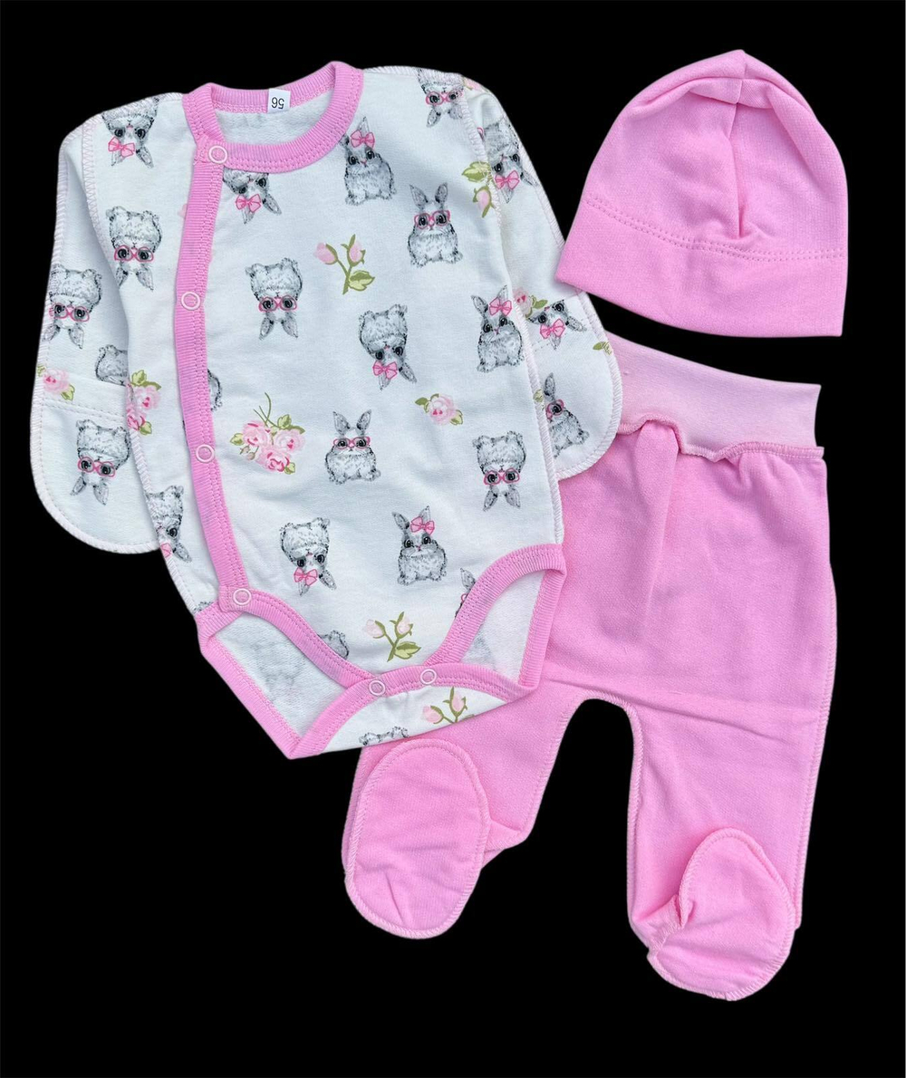 Комплект 3в1: боді з довгим рукавом, шапочка, повзуни “Зайчики”, футер ТМ “UA” (56 см)