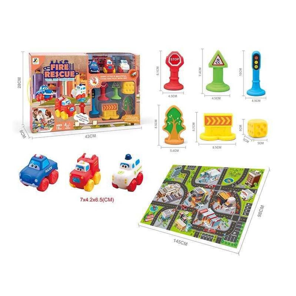 Набор игрушечных машин JZD - 112 (12) пожарная станция,  игровой коврик 145х98 см, 3 машинки, декорации,  в коробке