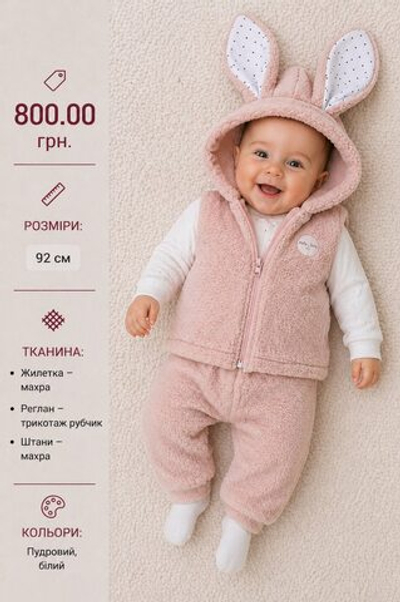 Дитячий костюм для дівчинки "Sunny bunny" жилетка махра + реглан трикотаж рубчик + штани махра Murat baby (92 см)