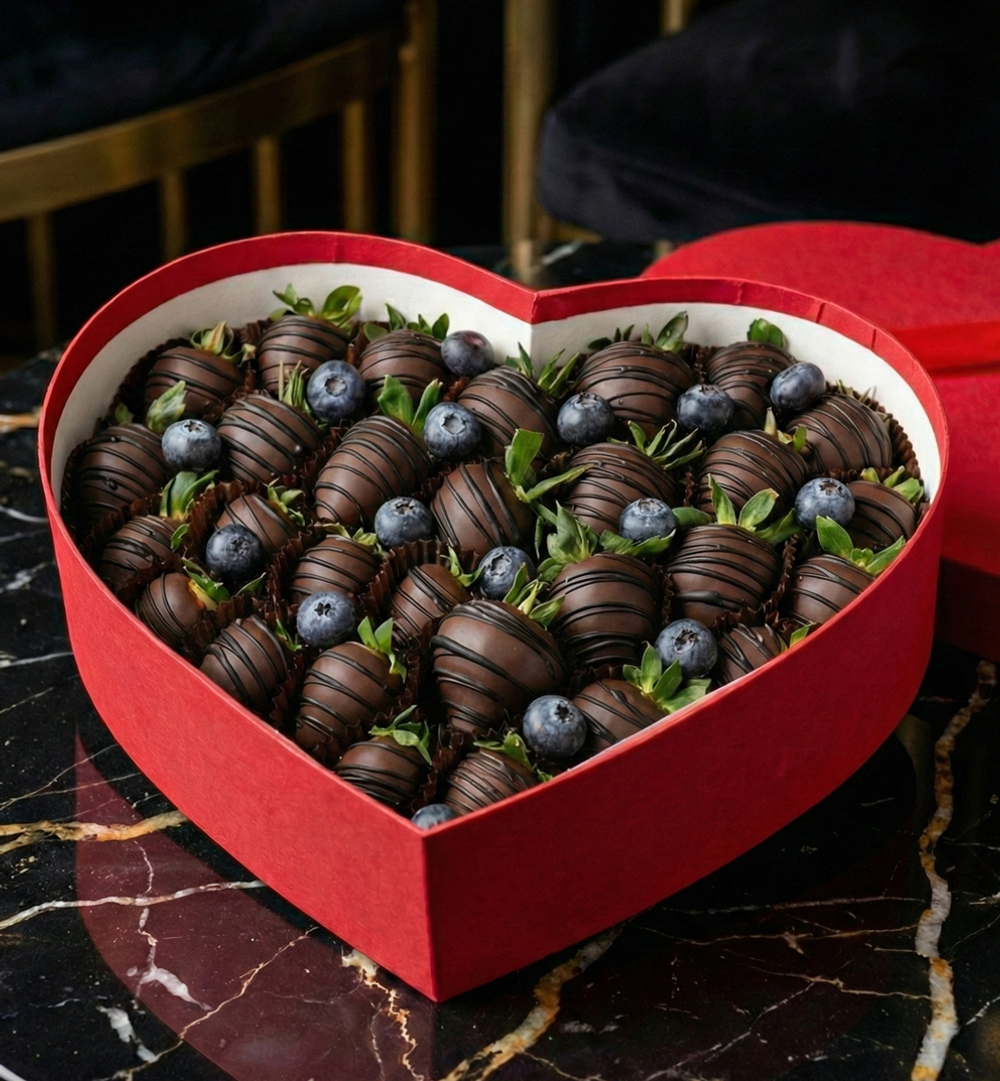 Полуниця у чорному шоколаді з ягодами лохини у коробці серце