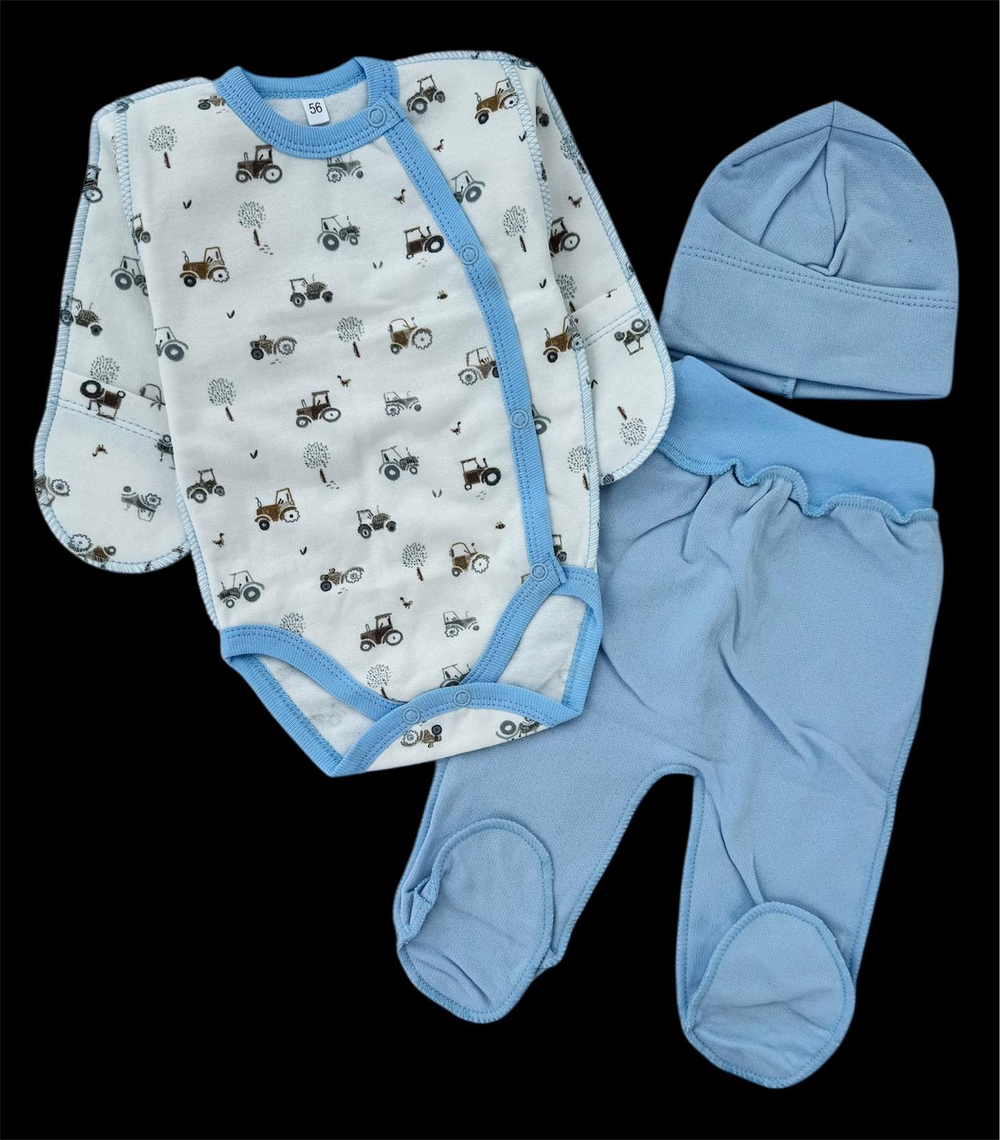 Комплект 3в1: боді з довгим рукавом, шапочка, повзуни "Агро", футер ТМ “UA” (56 см)