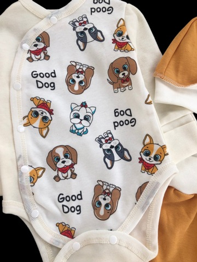 Комплект 3в1: боді з довгим рукавом, повзунки, шапочка "Принт", інтерлок ТМ "Happy ToT" (56 см)