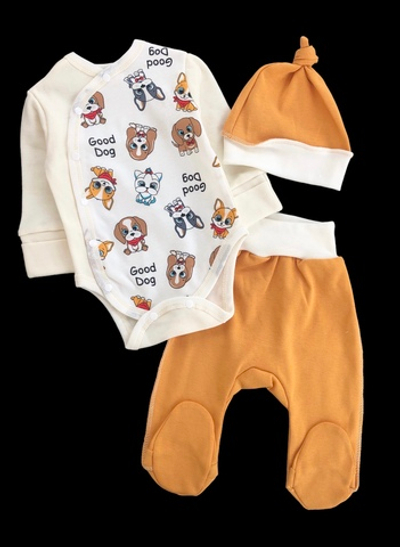 Комплект 3в1: боді з довгим рукавом, повзунки, шапочка "Принт", інтерлок ТМ "Happy ToT" (56 см)