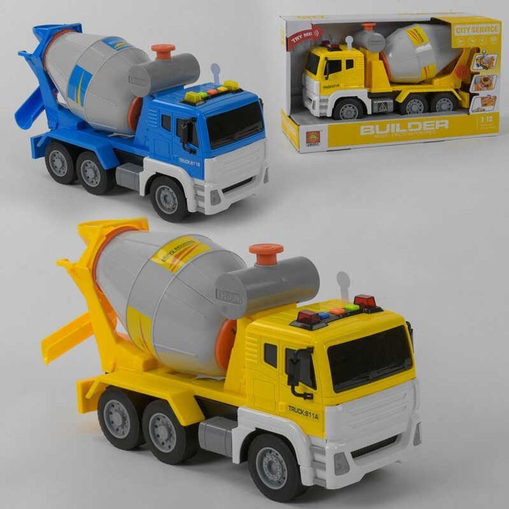 Игрушечный грузовик “Бетономешалка” (Спецтехника) WY 811 А/ 811 В (18) 2 цвета, инерционная, на батарейках, с воздушной помпой, свет, звук