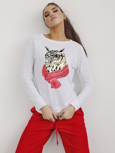 Піжама бавовняна Warm owl (лонгслів білий, брюки червоні) Love&Live
