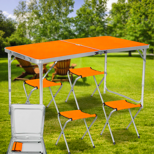 Портативний розкладний стіл для пікніка та стільцями у валізці (4 стільці в комплекті) Folding Table Помаранчевий