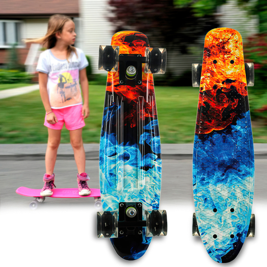 Penny Board Огонь и лед скейт 25 см со светящимися колесами, до 80 кг двухсторонняя расцветка
