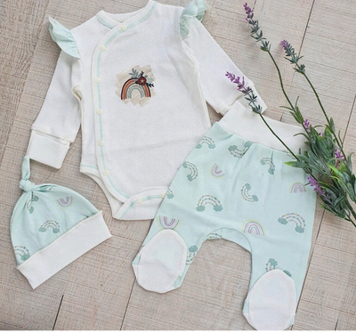 Комплект 3в1: боді з довгим рукавом, повзунки, шапочка "Принт", інтерлок ТМ "Happy ToT" (62 см)