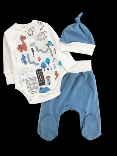 Комплект 3в1: боді з довгим рукавом, повзунки, шапочка "Принт", інтерлок ТМ "Happy ToT" (56 см)