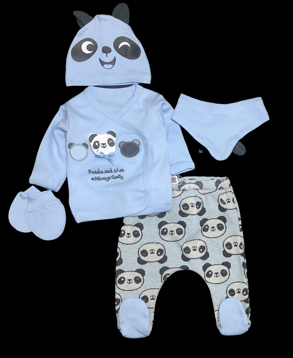 Комплект 5в1: льоля, повзунки, шапочка, слюнявчик, царапки "Panda", бавовна ТМ "Minizeyn"
