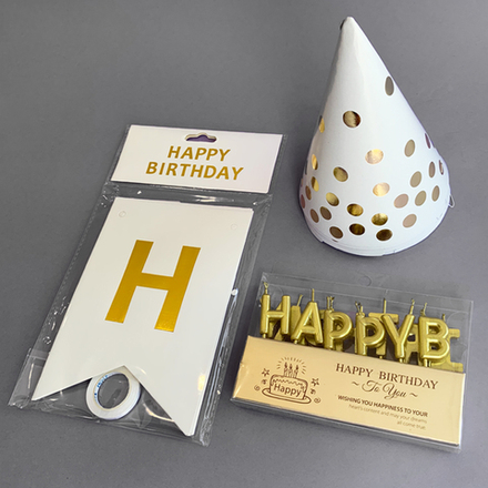 Набор для празднования (гирлянда Happy Birthday, колпачки-5 шт, свечки)