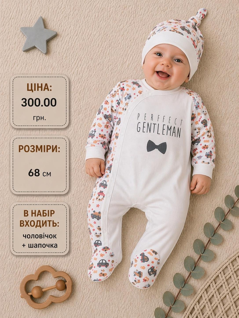Чоловічок з шапочкою, інтерлок "Принт" ТМ "Happy Тот" (68 см)