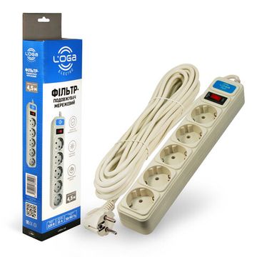 Мережевий фільтр-подовжувач LOGA 4.5м 5 розеток із заземленням та вимикачем 1800Вт 250В 10А