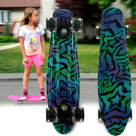 Penny Board Звезды скейт 25 см со светящимися колесами, до 80 кг двусторонняя расцветка