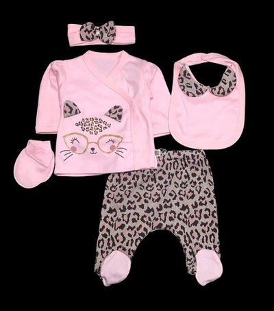 Комплект 5в1: льоля, повзунки, пов'язка, слюнявчик, царапки "Leopard", бавовна ТМ "Minizeyn" (56 см)