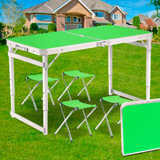 Розкладний стіл з отвором під парасольку для пікніка з посиленими ніжками та стільцями в валізці Зелений (ARSH)