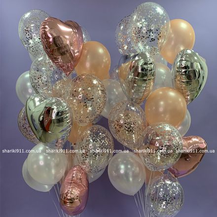 Шарики розовое золото, с конфетти, серебро и жемчужные