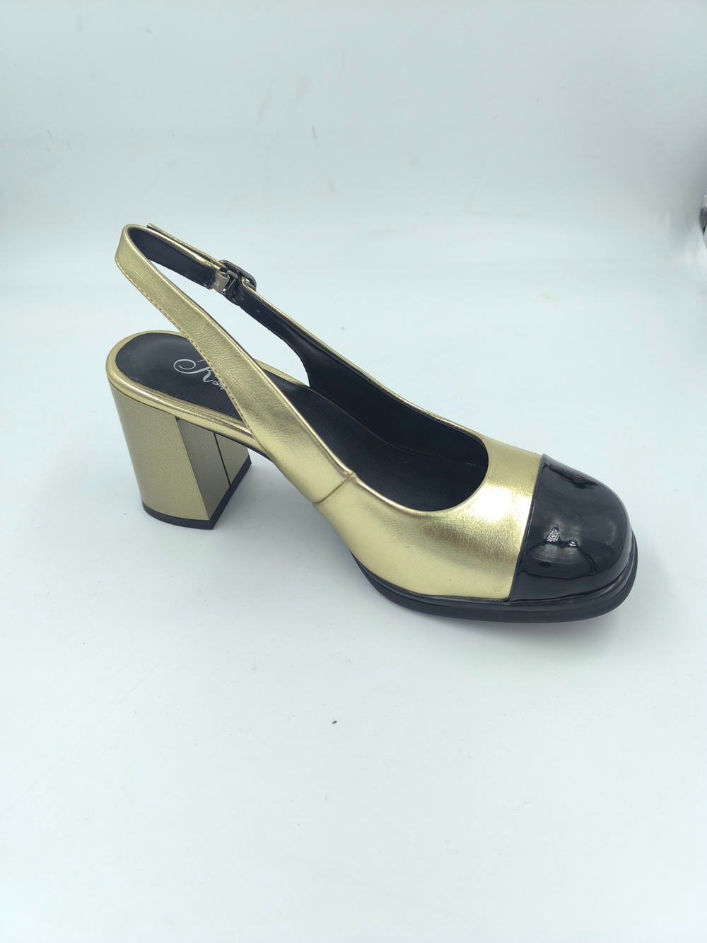 Женские туфли на каблуке с золотистым корпусом и чёрным носком/ размеры 35-40