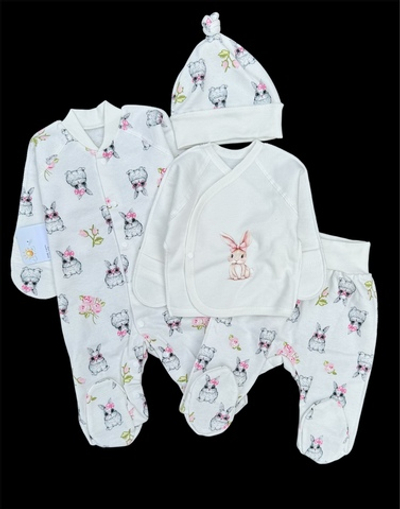 Комплект 4в1: чоловічок, сорочечка, повзунки та шапочка "Зайчики", футер ТМ "Happy ТОТ" (56 см)