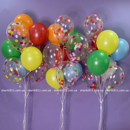 Шарики с гелием разноцветные и с конфетти