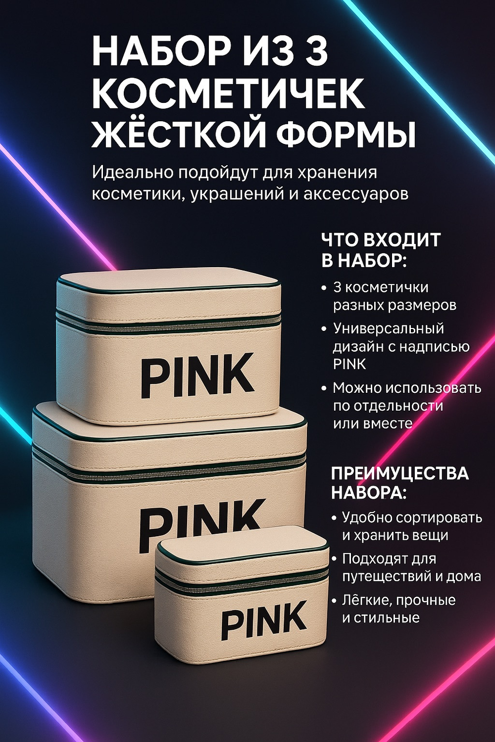 Набор из 3 косметичек жёсткой формы