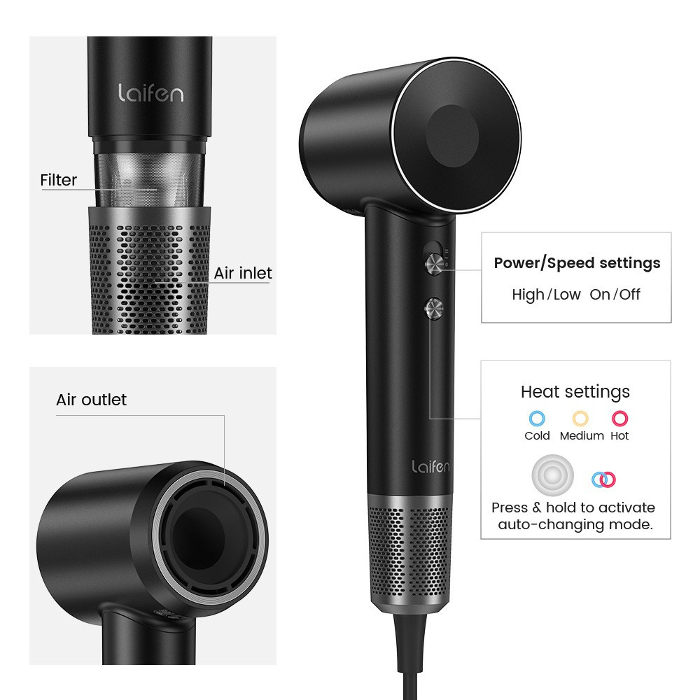 Комплект фен Laifen Swift Premium професійний із сумкою, 2 насадки, чорний
