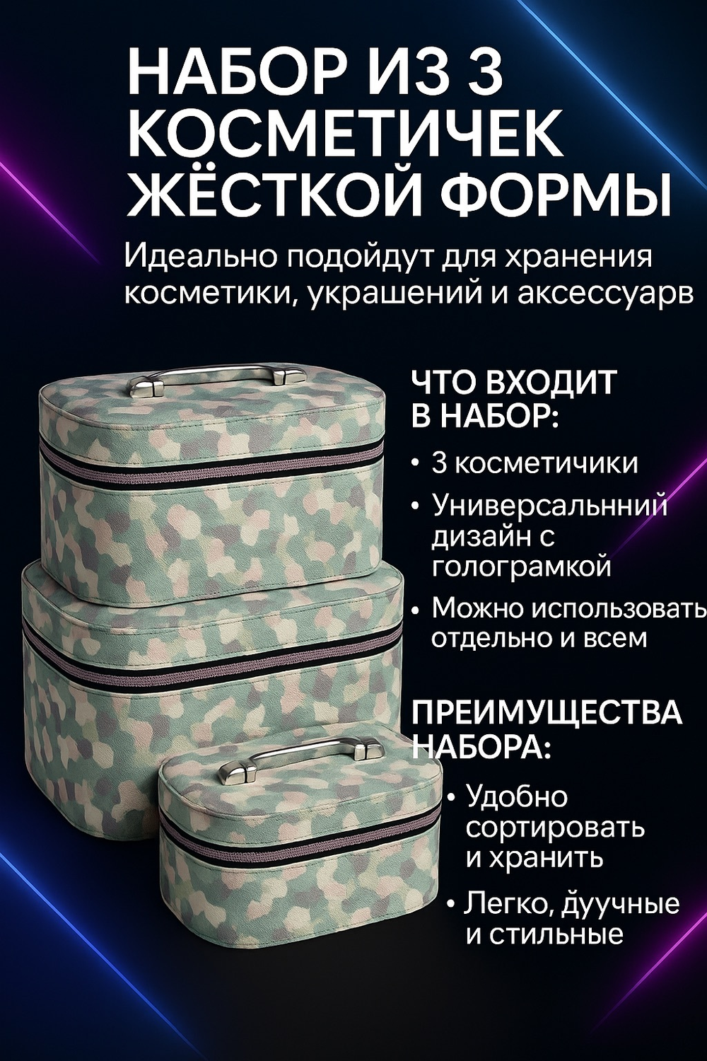Набор из 3 косметичек жёсткой формы