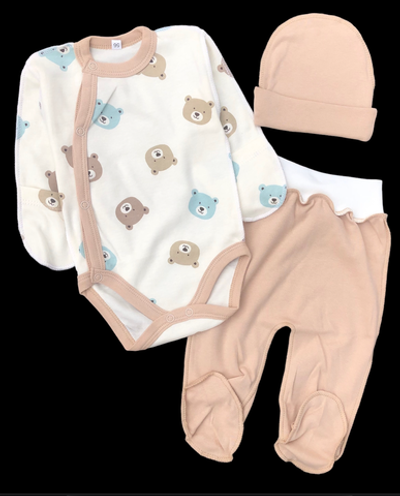 Комплект 3в1: боді з довгим рукавом, повзунки, шапочка "Ведмедики", інтерлок ТМ “UA” (56 см)