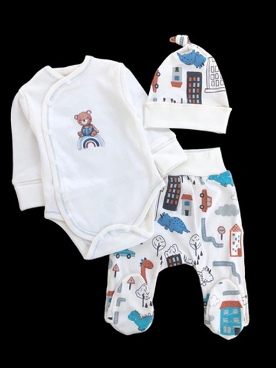 Комплект 3в1: боді з довгим рукавом, повзунки, шапочка "Принт", інтерлок ТМ "Happy ToT"