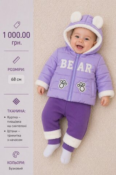 Дитячий костюм для дівчинки «Bear» куртка плащівка на синтепоні + штани тринитка з начосом Bebeytto (68 см)