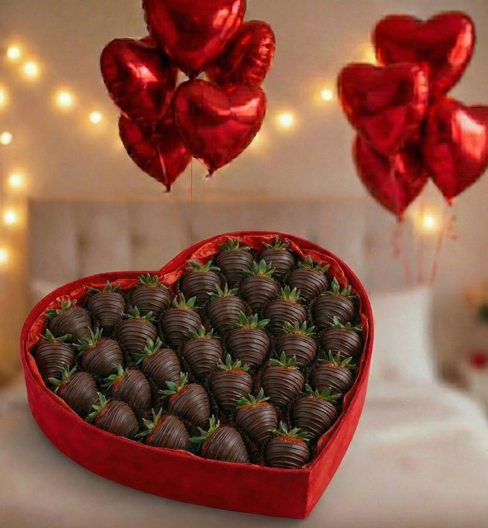 Клубника в молочном и белом шоколаде + шарики сердца