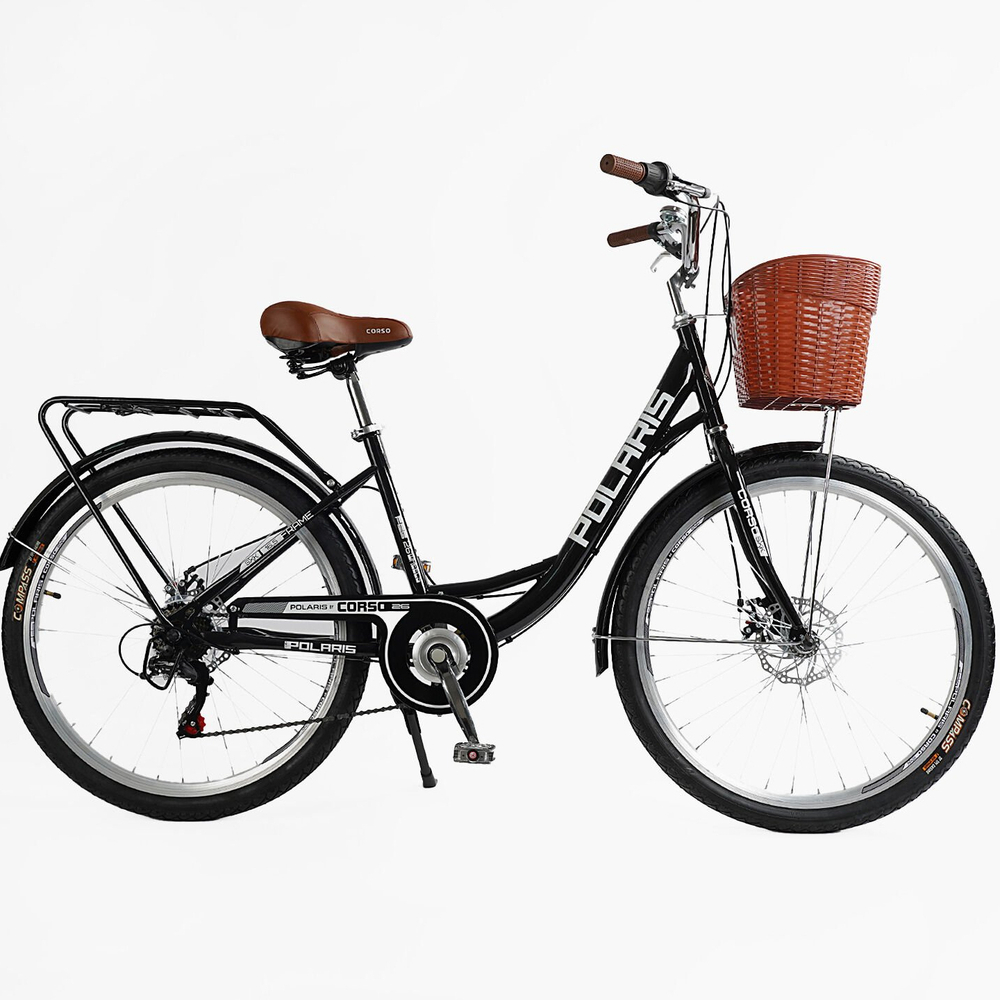Велосипед міський 26 дюймів Corso Polaris з кошиком та багажником, рама 16.5"