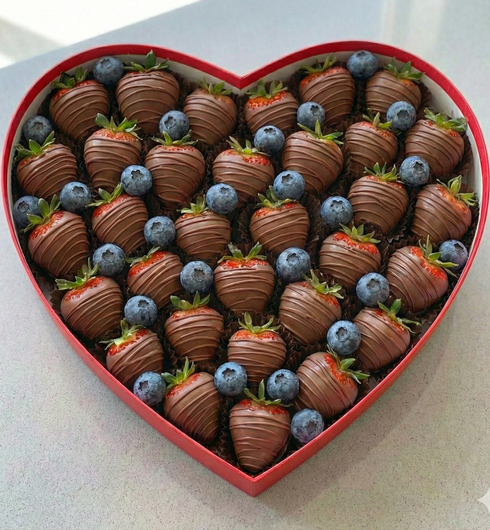 Полуниця у молочному шоколаді з ягодами лохини у коробці серце
