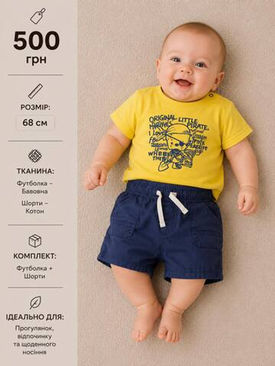 Костюм 2в1: шорти, футболка "Little Pirate", бавовна, котон ТМ "Original Marines", "H&M" (68 см)