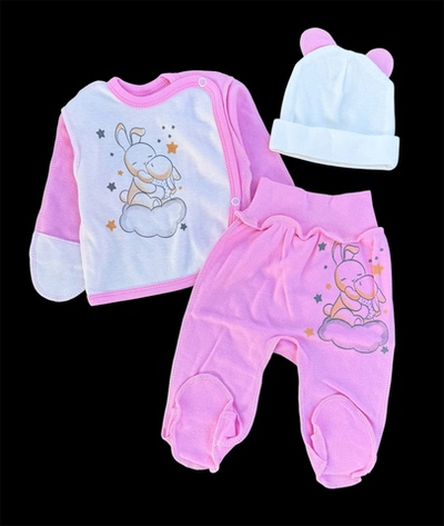 Комплект 3в1: сорочечка, повзунки, шапочка "Зайчики", інтерлок ТМ “UA”