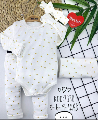 Костюм 3в1: боді з довгим рукавом, штани, пов'язка "Серденько" мустанг (бавовна-рубчик) ТМ "Murat Baby"