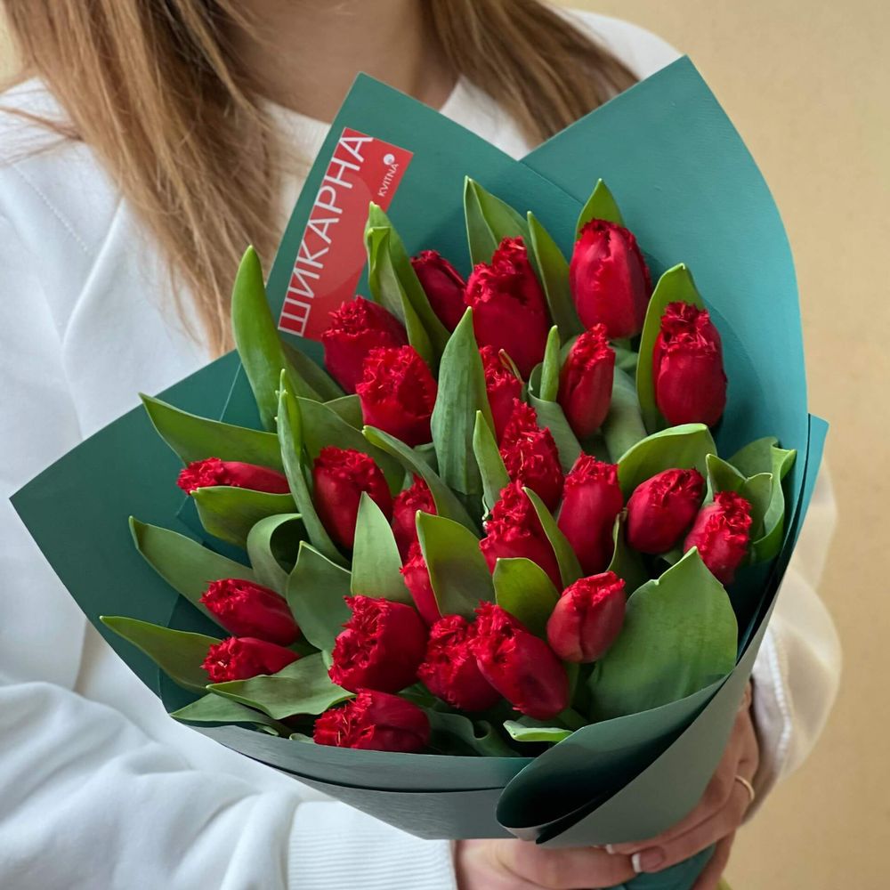Букет з 25 тюльпанів «Ранкова пристрасть», Квіти: Тюльпан бахромчастий