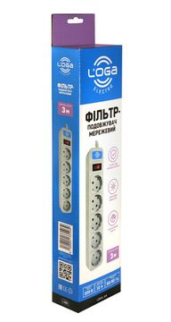 Мережевий фільтр-подовжувач LOGA 3м 5 розеток із заземленням та вимикачем 1800Вт 250В 10А