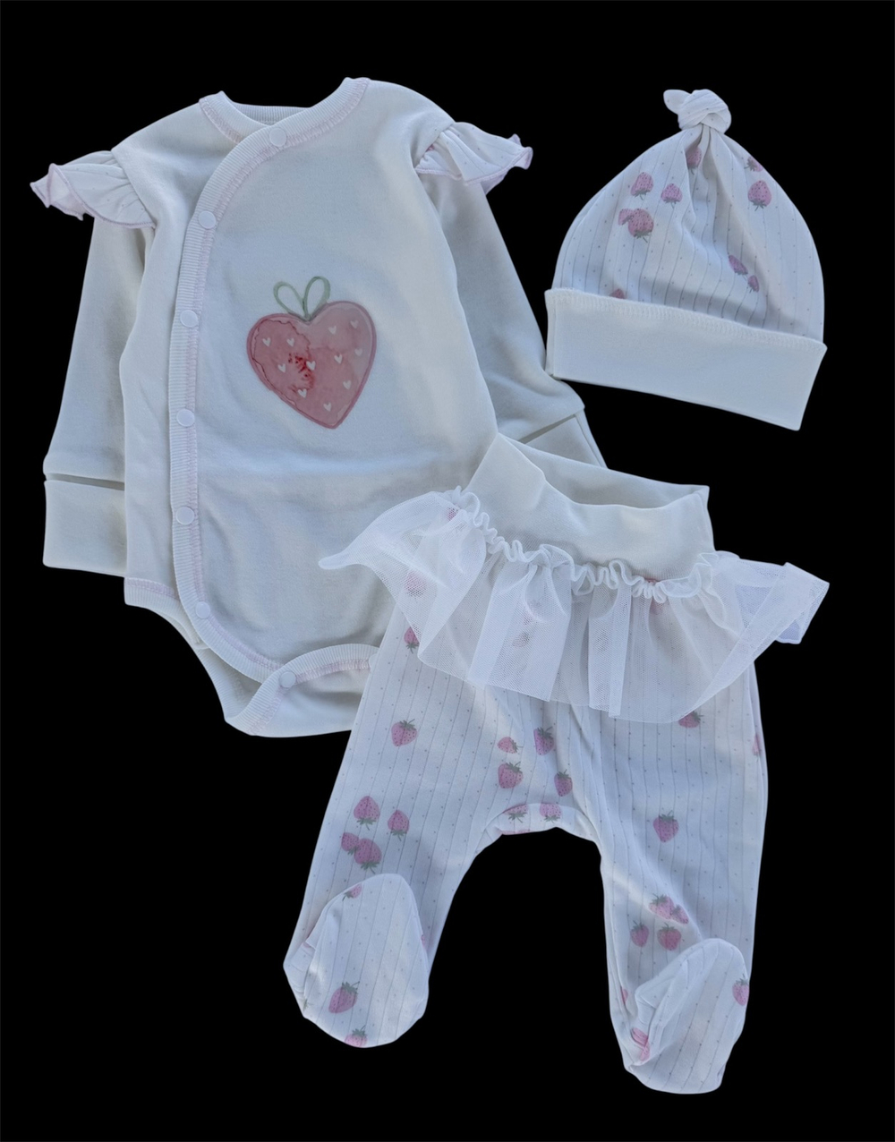 Комплект 3в1: боді з довгим рукавом, повзунки, шапочка "Полуничка", інтерлок, трикотаж рубчик ТМ "Happy ToT"