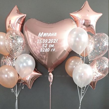 Шары на выписку девочки с надписью: имя, рост, вес