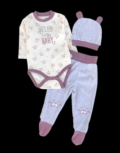Костюм 3в1: боді з довгим рукавом, повзуни, шапочка, бавовна ТМ "Bebetto"