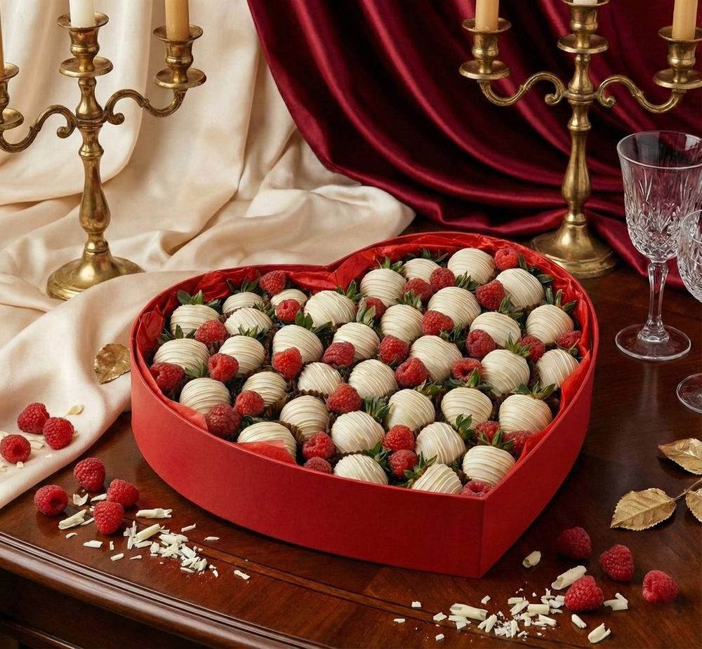 Полуниця у білому шоколаді з малиною у коробці серце преміум 