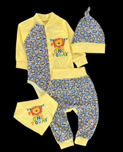 Костюм 4в1: боді довгий рукав, штани, шапочка, слюнявчик "Левеня", інтерлок ТМ "Happy ToT" (68 см)