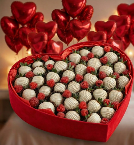 Полуниця у білому шоколаді з малиною у коробці серце преміум + кульки серця 25 шт